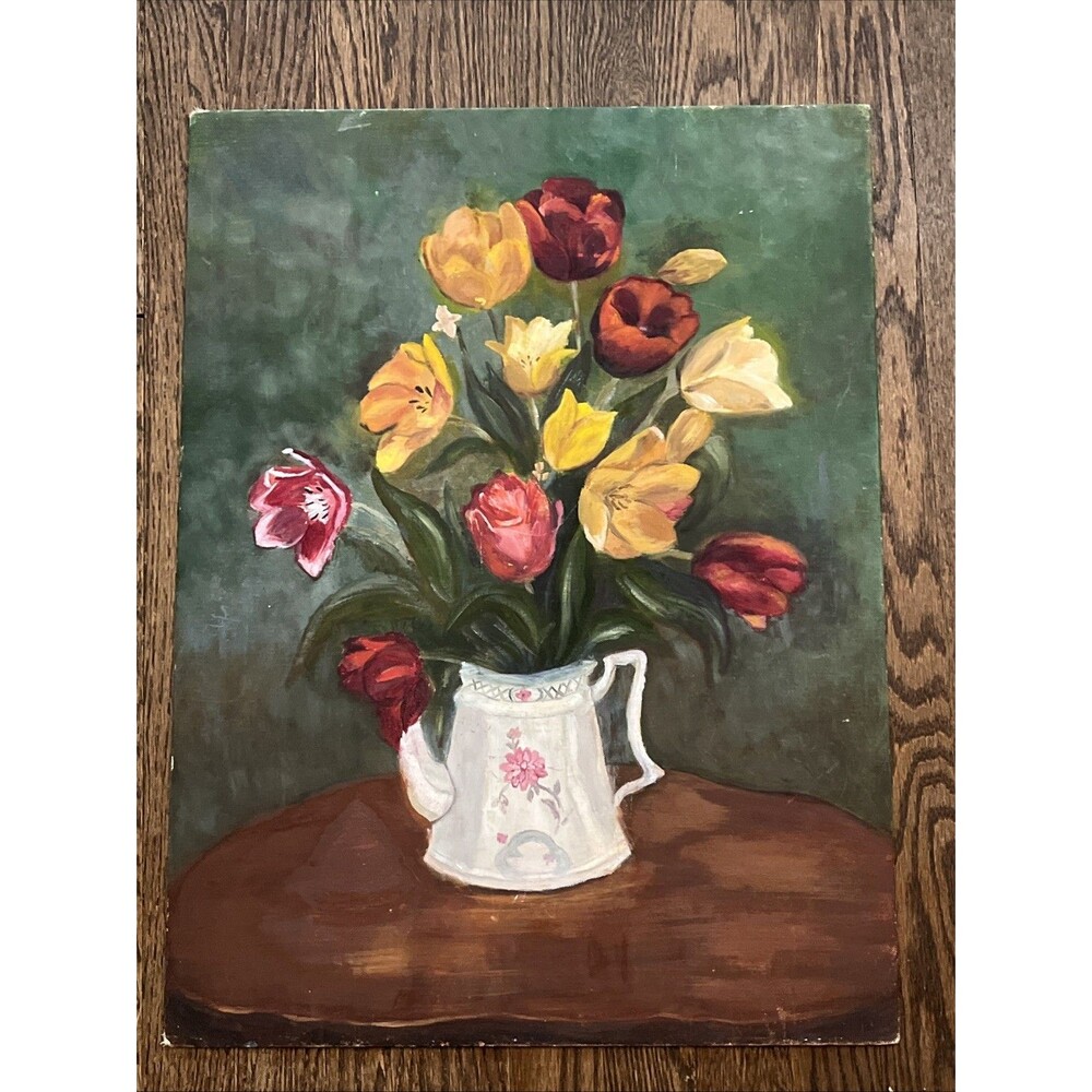 Original Floral Painting Canvas Board Large Bouquet Tulips Cottage Core
